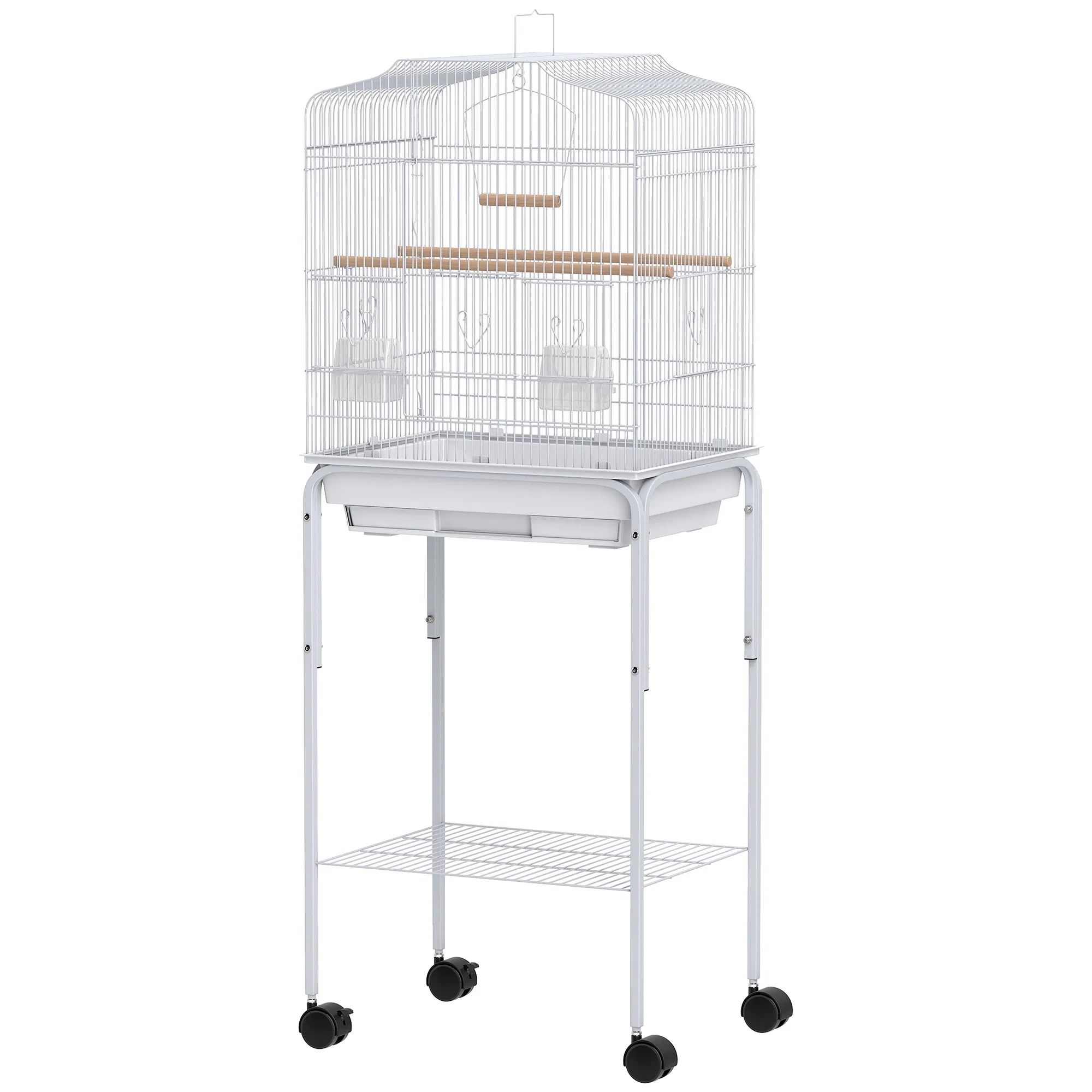 49" Rolling Bird Cage Cockatoo House Play Top Finch Pet Supply with Storage Shelf, Wheels - White