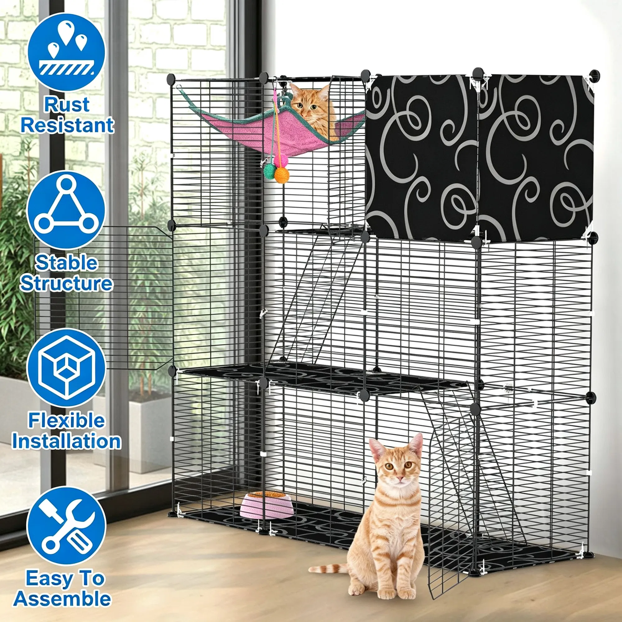 3-Level Metal Cat Cage Enclosure, Modular Pet Habitat with 3 Doors, 2 Ladders, Plush…