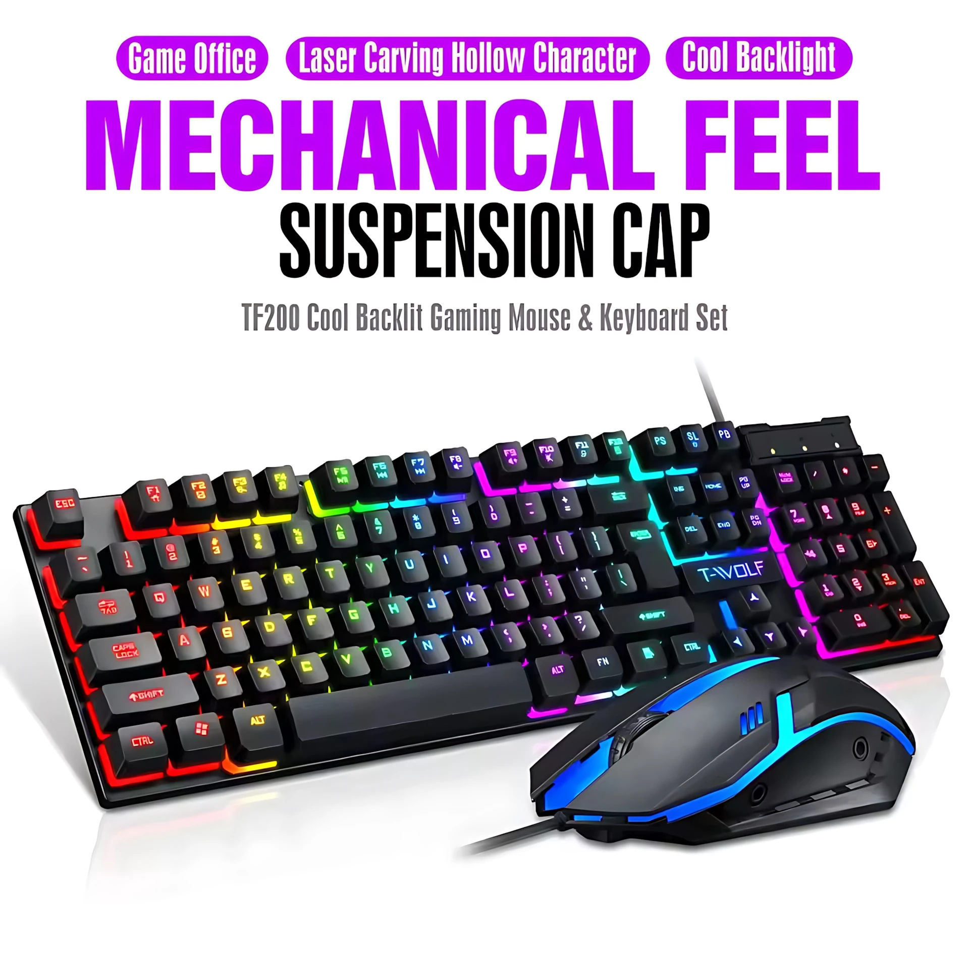Rainbow Backlit Wired Keyboard and Mouse,Floating Keycap Strong, Wear-resistant…