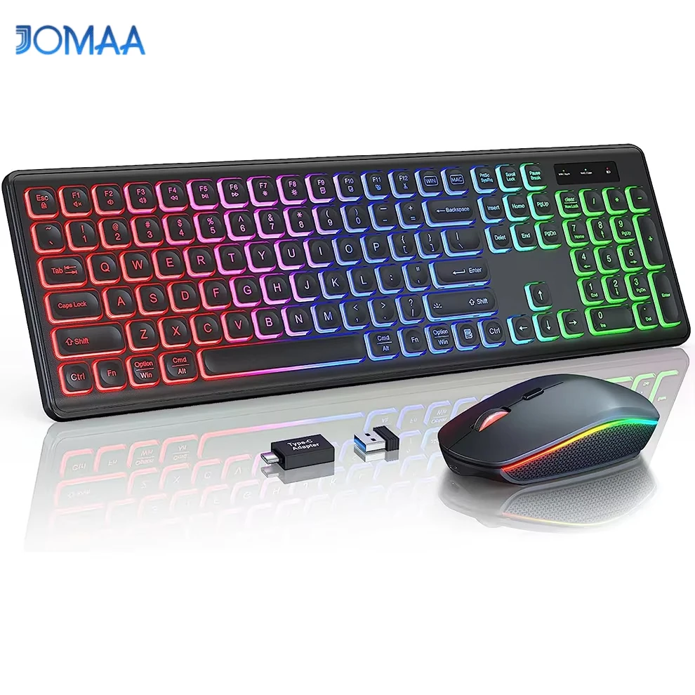 JOMAA 2.4G Wireless Keyboard Mouse Combo RGB Backlit Rechargeable Full-Size Ergonomic…