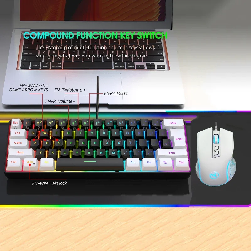 Keyboard and mouse 60%RGB gaming pc usb combo backlit keyboards kit mini gamer wired key…