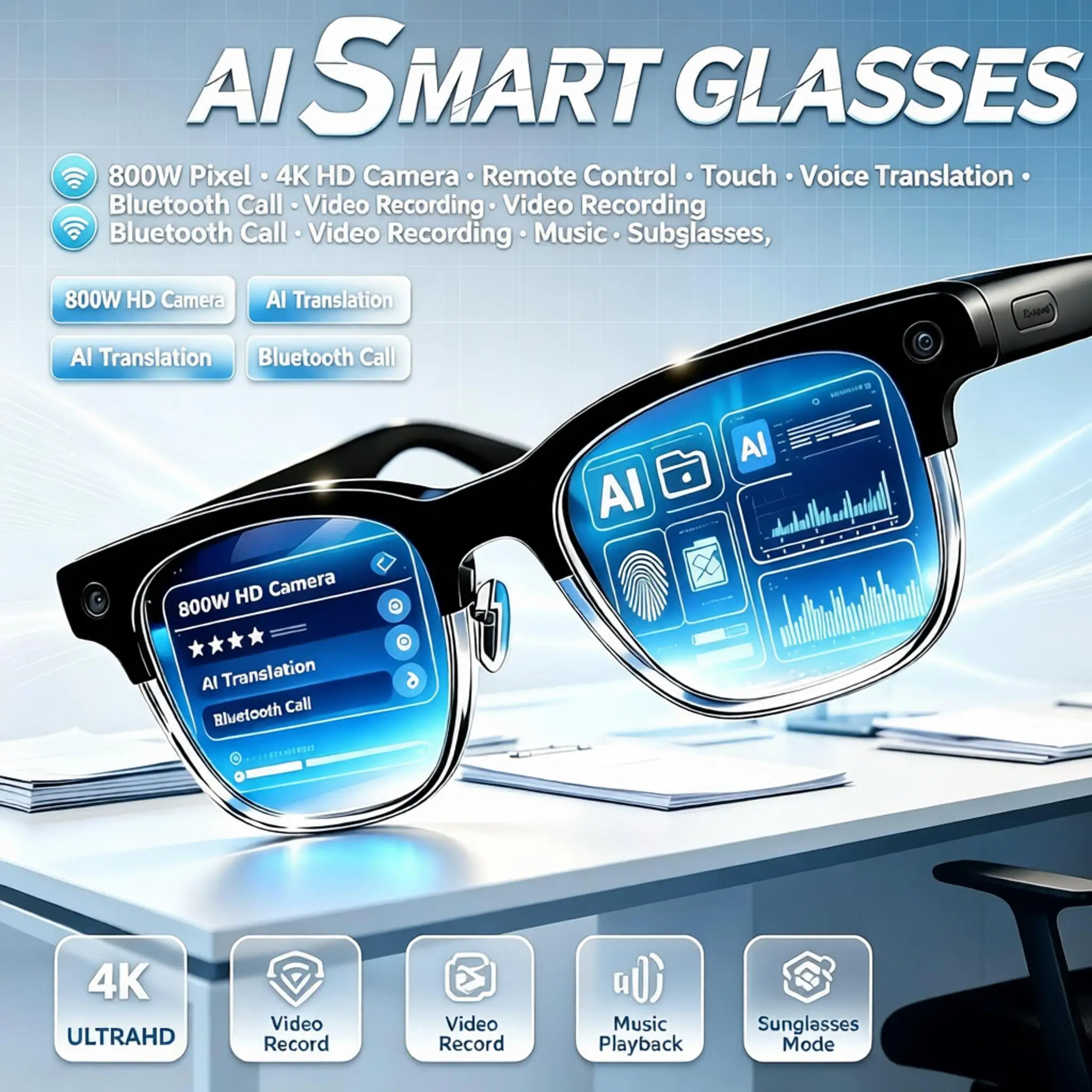 AI Smart Glasses 800W Pixel 4K HD Camera Remote Control Touch Voice Translation Bluetooth…