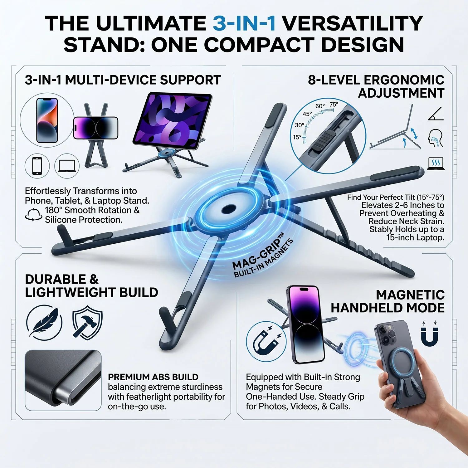 3-in-1 Foldable Laptop Stand Magnetic Phone Holder Portable Desk Mount with Tripod Handle…