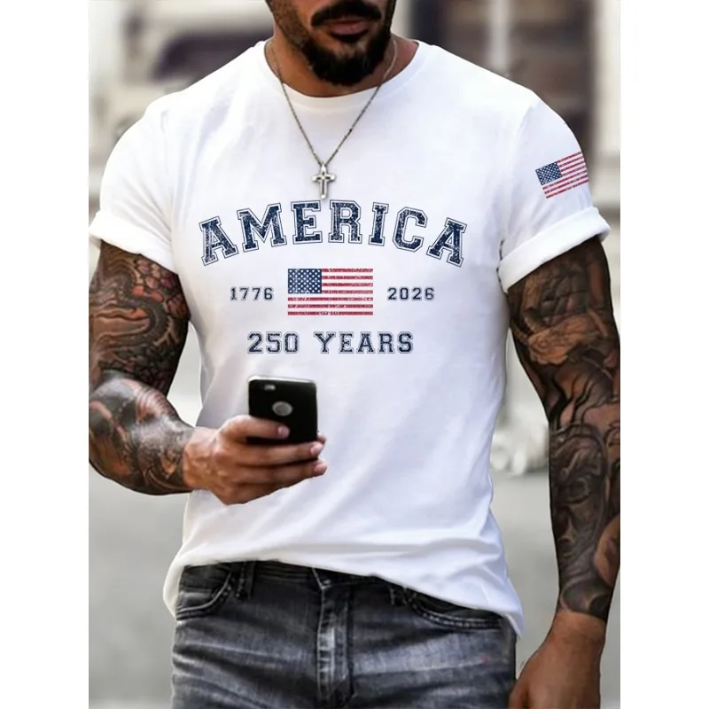 ilstile Men's America 250 Years Print T-Shirts Summer Short Sleeve Casual T Shirt Round…