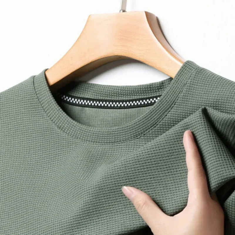Summer Waffle Round Neck Short Sleeved T-shirt for Men's Short Sleeved Top
