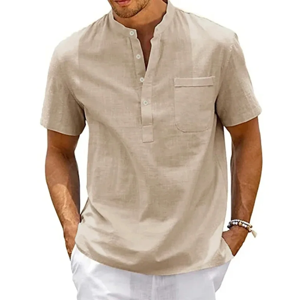 Cotton Linen Shirt Men Henley Neck Pocket Casual Beach Short Sleeve Solid Color Male Tops…