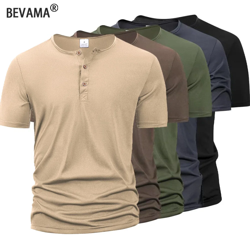 Summer Men Henley Collar T-shirts Button Slim Casual Male Solid Color Short Sleeve Men…