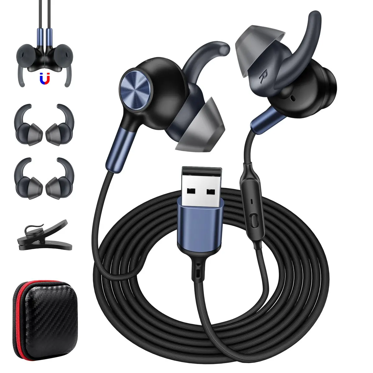 USB A Wired Earbuds 7.5FT Cord Lightweight Magnetic Headphones with Microphone for PC…