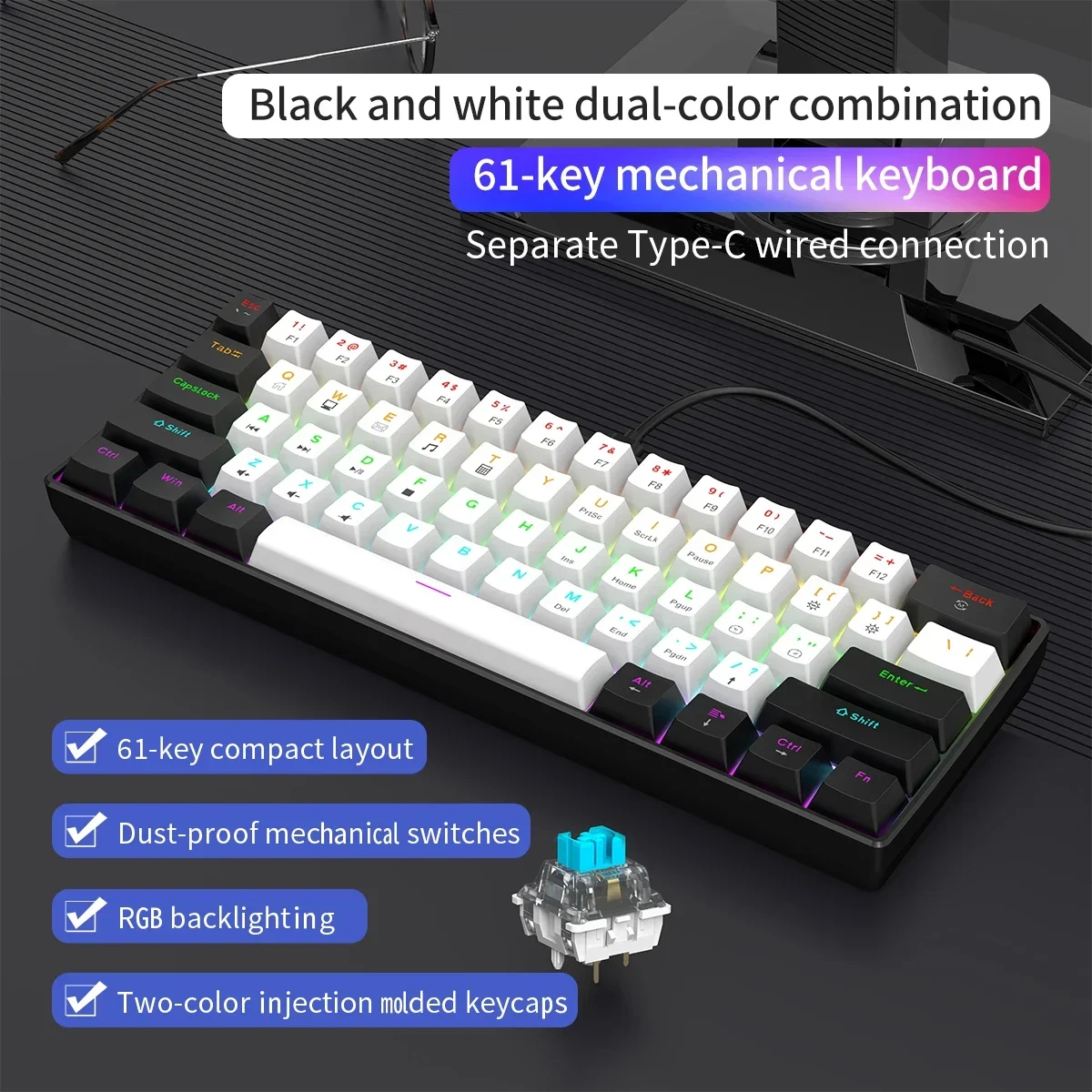 60% Wired Gaming Mechanical Keyboard RGB Backlit Ultra Compact Mini Layout for PC/Mac…