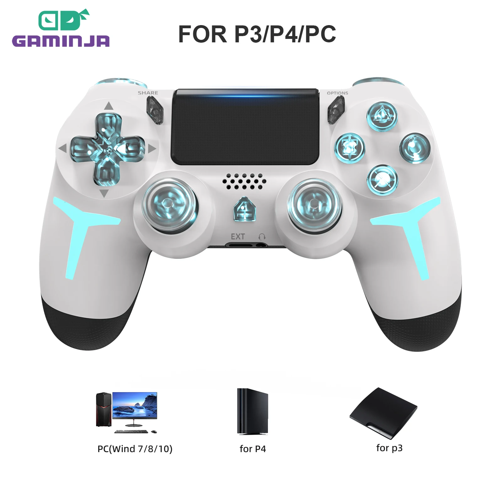GAMINJA Wireless Game Controller For PS4 PS3 Console Computer PC RGB Light LED Bluetooth…
