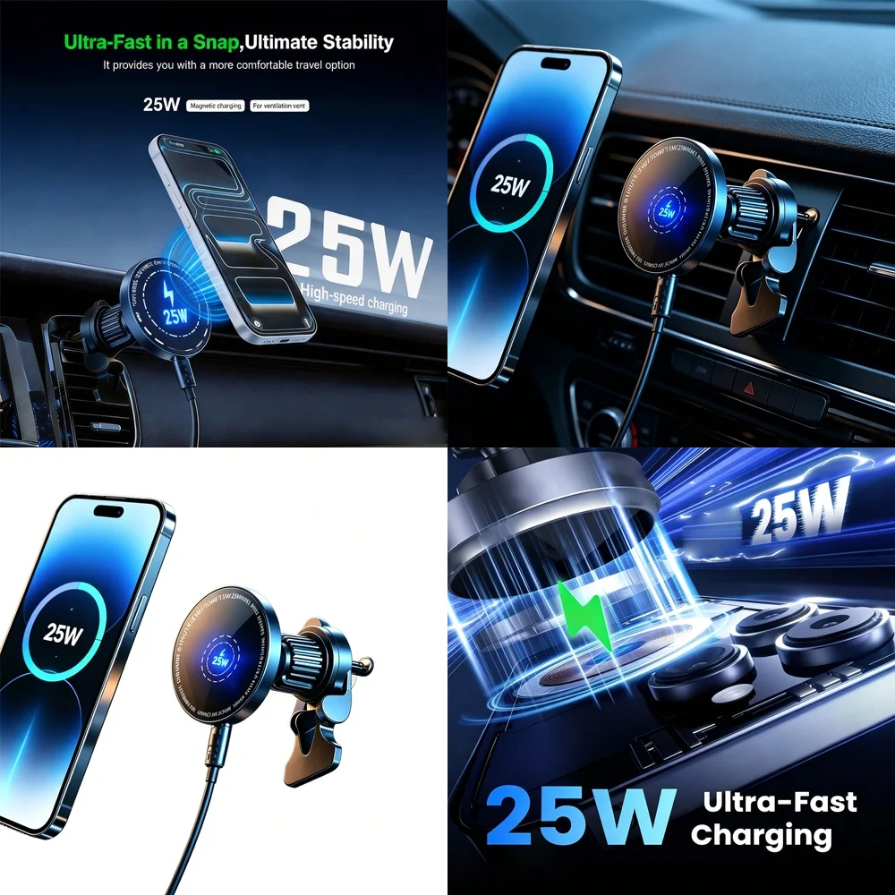 25W Super Fast Magnetic Wireless Car Charger Air Vent Phone Holder Anti-Shake Stand for…