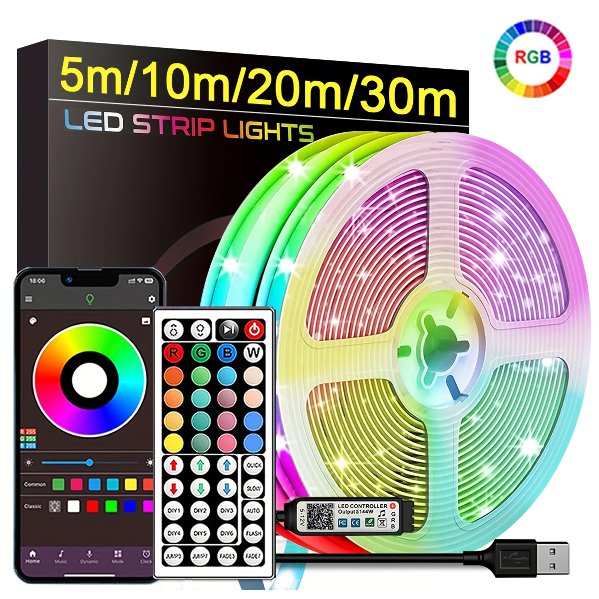 RGB Led Strip Lights 5m 10m 20m 30m Led Room Light with APP Control Flexible Ribbon Luces…