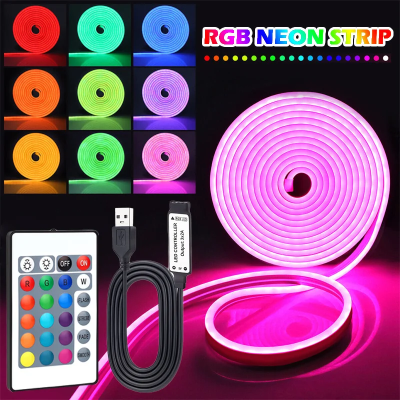 USB RGB Neon Strip Lights With 24Keys Remote Control, Flexible Rope Lights Gaming Led…