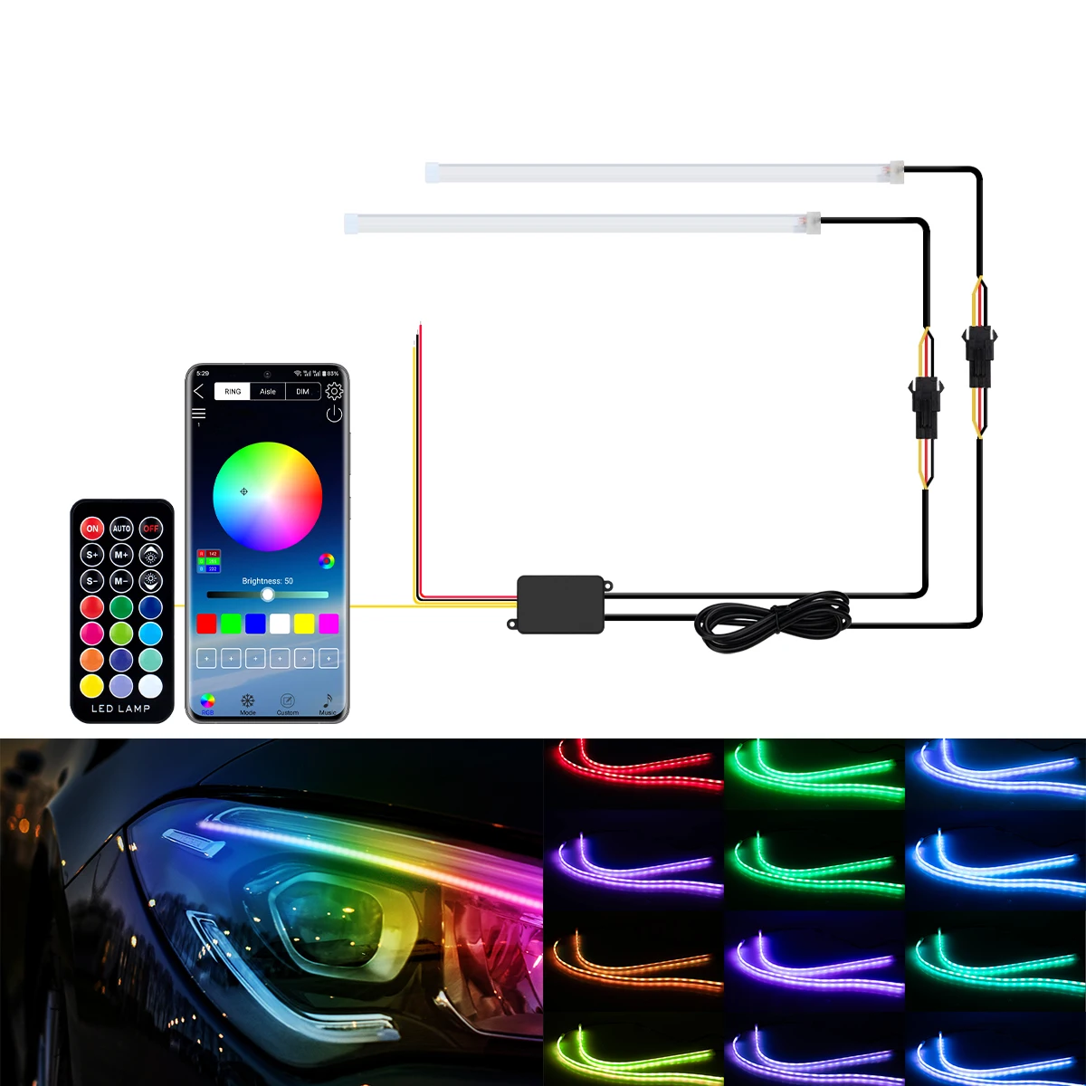 1Pair Car Daytime Running Light Strip DRL Flexible Turn Signal Strip With Remote /APP…