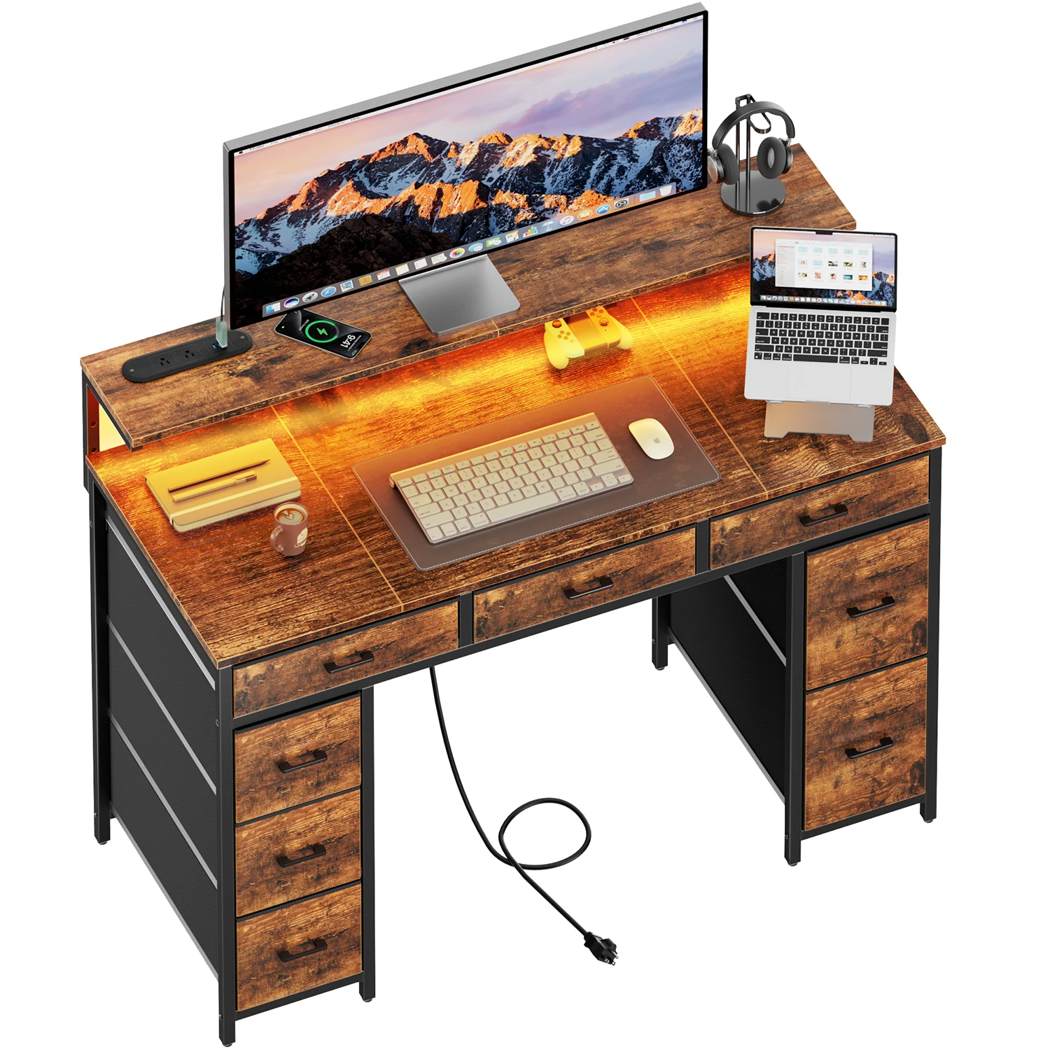 Computer Desk with 8 Storage Drawers, Adjustable Monitor Stand, Writing Desk with LED…