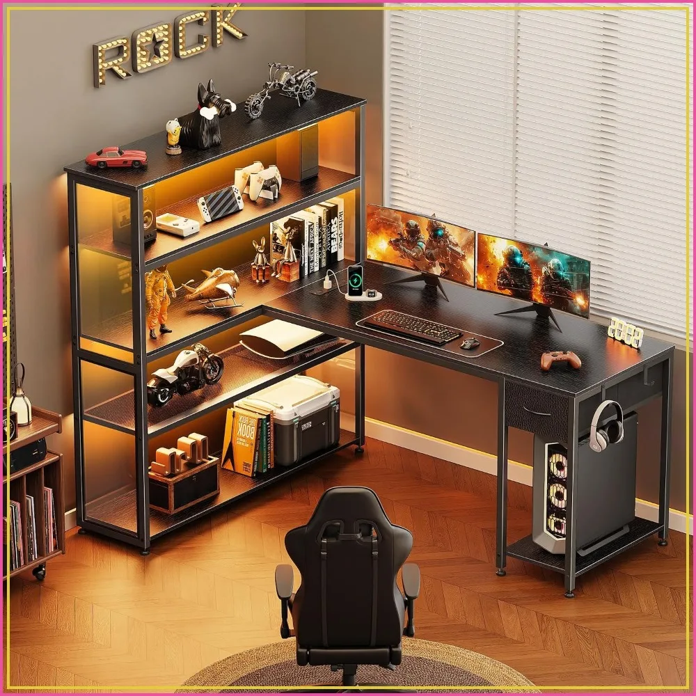 57 Inch L Shaped Gaming Desk with Cabinet, Outlets, LED, Drawer, Shelf, Black