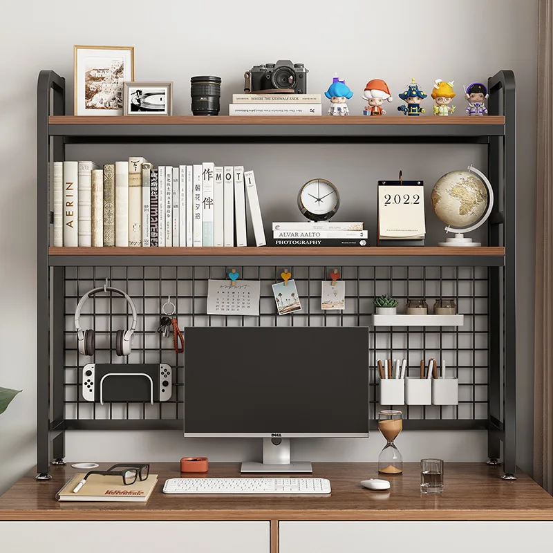 Bookshelf with Grid Desk Storage Shelf Desktop Multilayer Iron Shelf Student Computer…