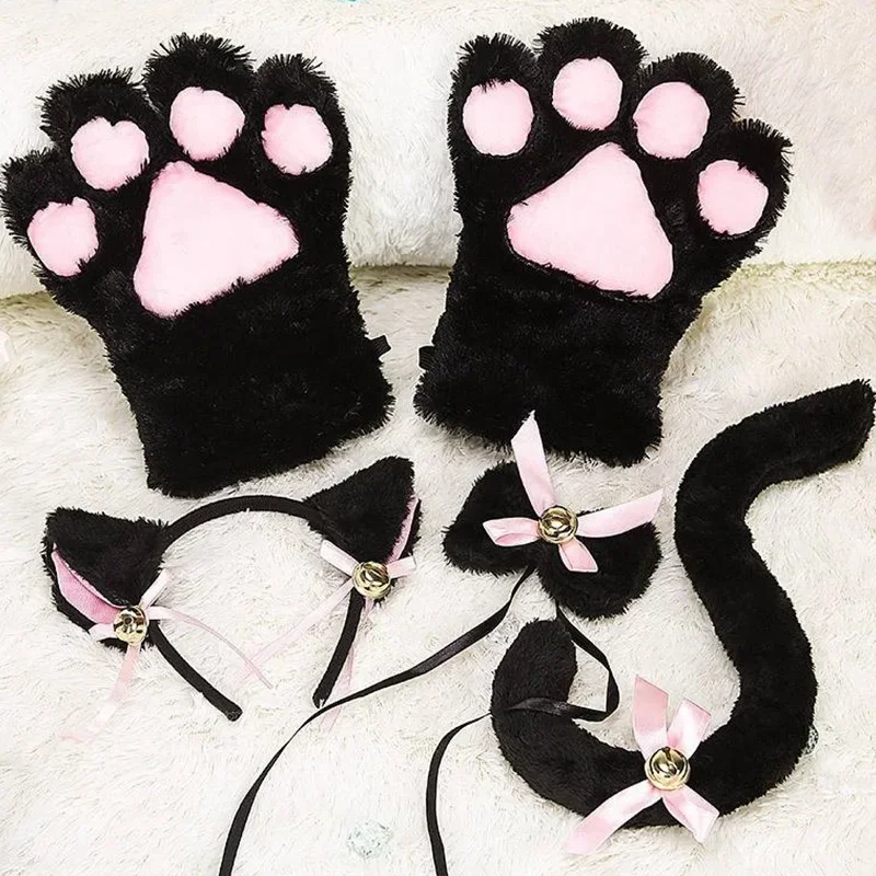 Cat Ear Bow Headband Necklace Cat Claw Gloves Cosplay Plush Bell Hairband Women Girl…