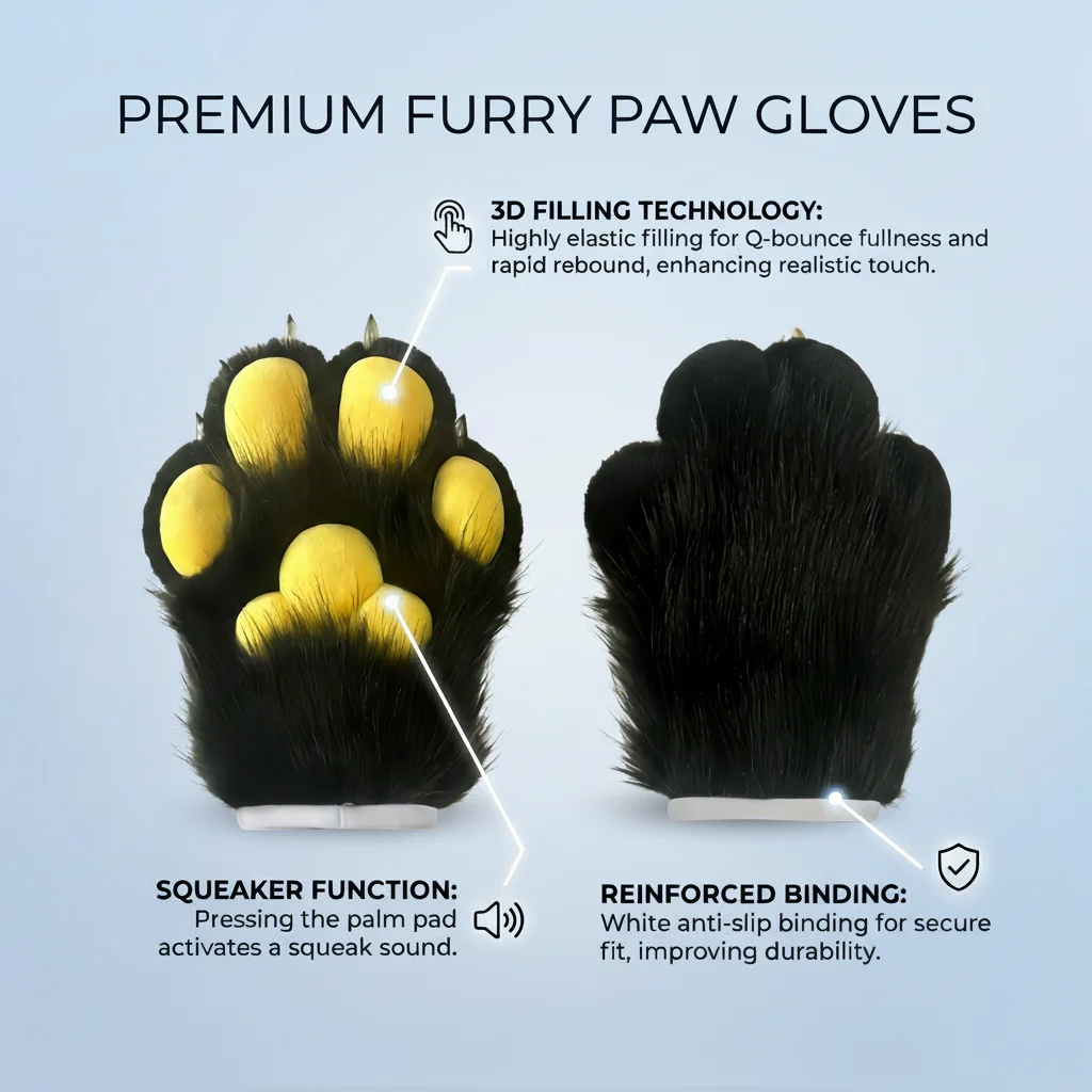 Realistic Fursuit Paws Gloves with Built-in Whistle Soft Plush Furry Claws for Furry Fandom Cosplay Convention