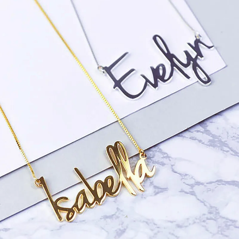Custom Name Charms Necklace Gold Color Stainless Steel Box Chain Necklaces for Women Men…