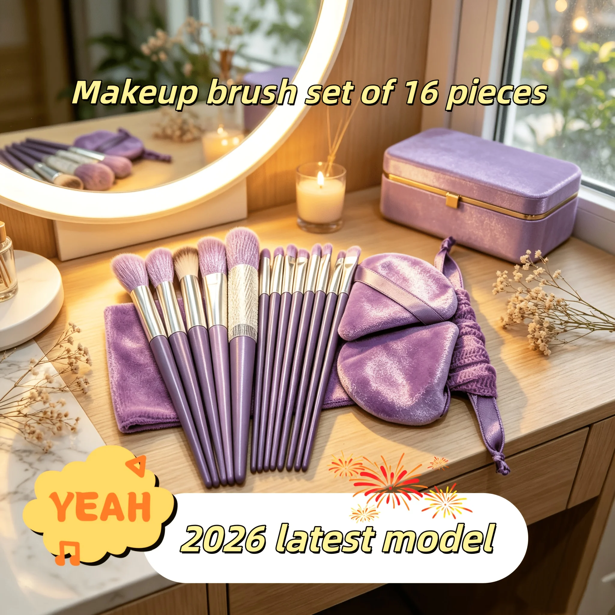 16-Pack Professional Makeup Brush Set w/ Pouch, Sponge & Puff, Soft Bristles for…
