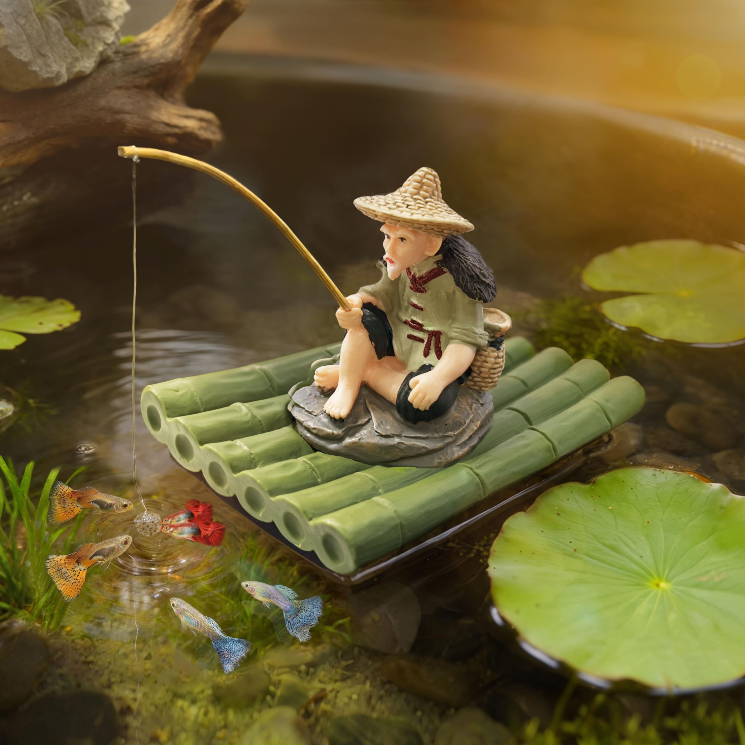 2-in-1 Floating Aquarium Decor, Interactive Floating Fish Tank Fisherman Decorations On…