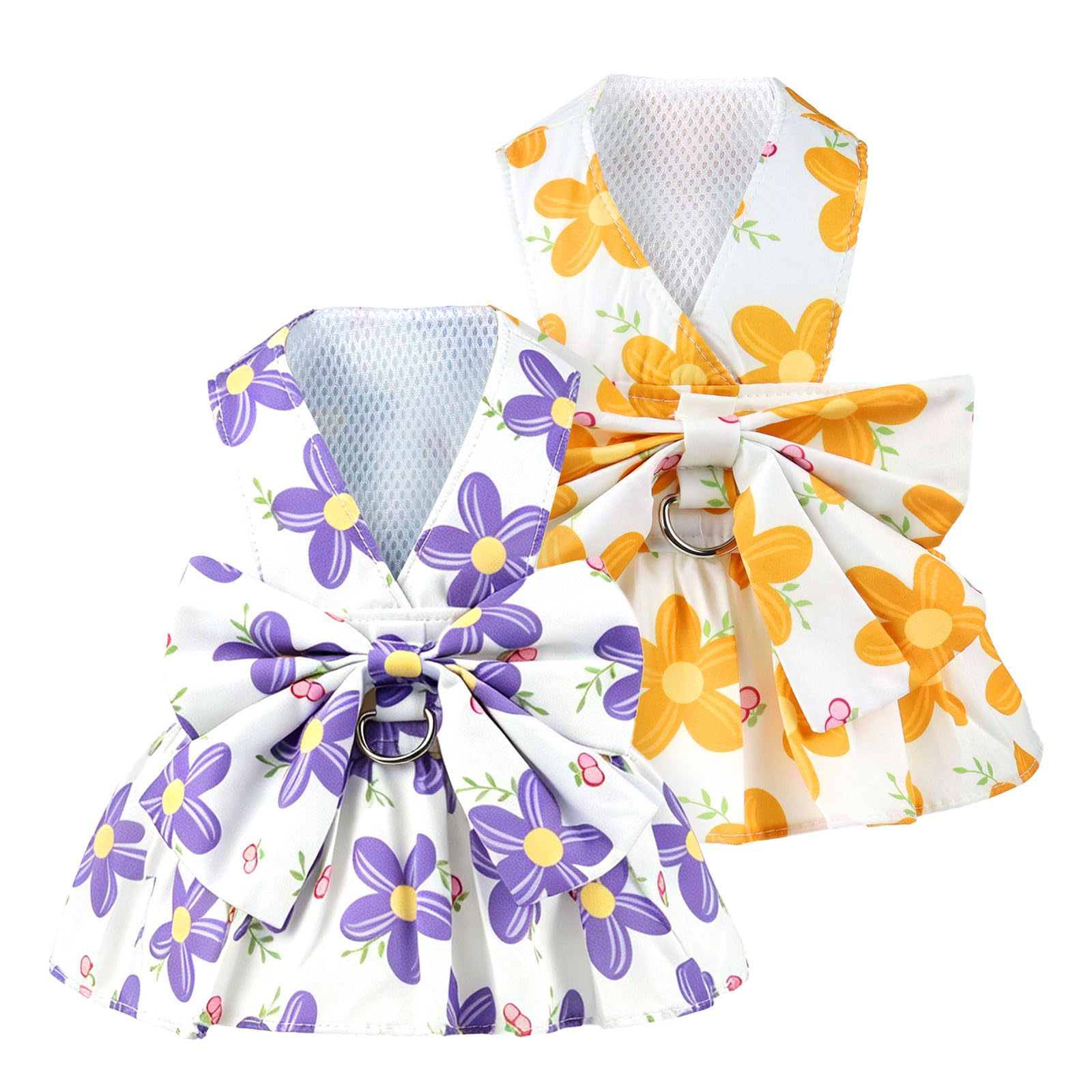 2Pack Small Dog Harness Dress For Girl Puppy Cat Dress With Flower Pattern Bow Adjustable…