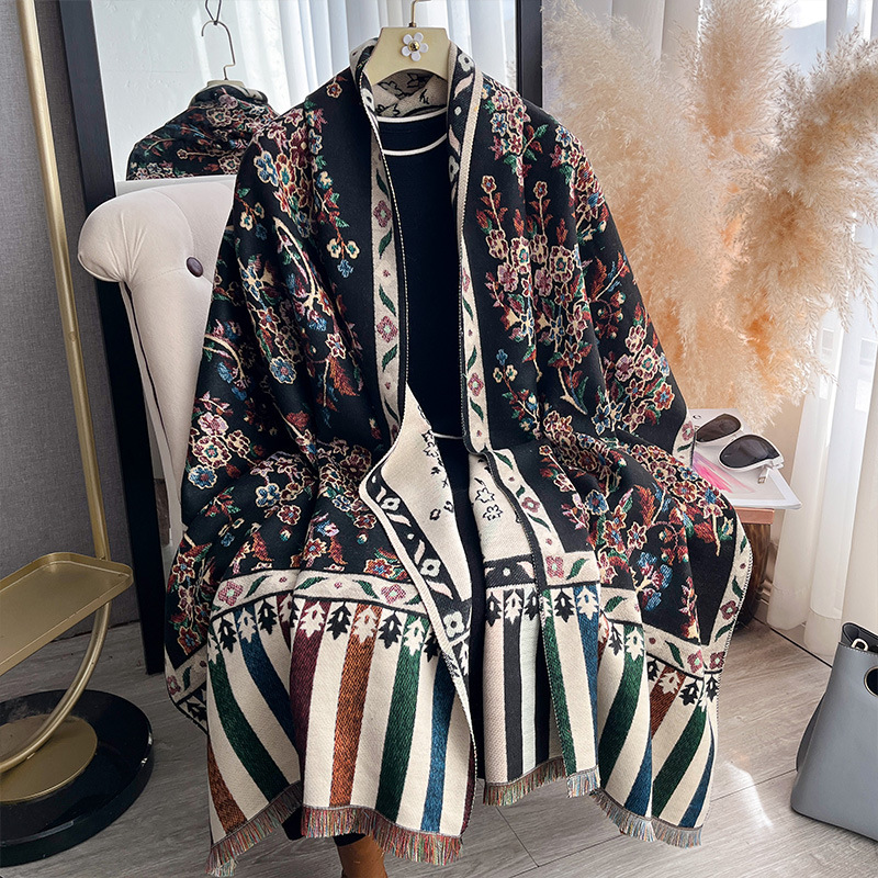Retro Floral Jacquard Double-Sided Thickened Scarf For Autumn And Winter
