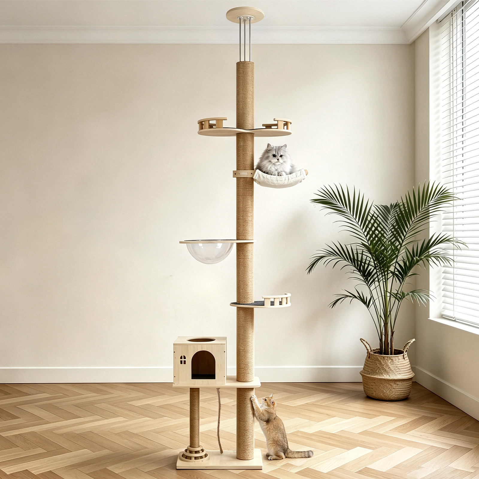 Floor-to-Ceiling Cat Tree With Natural Sisal Rope Scratching Post - Adjustable Height…