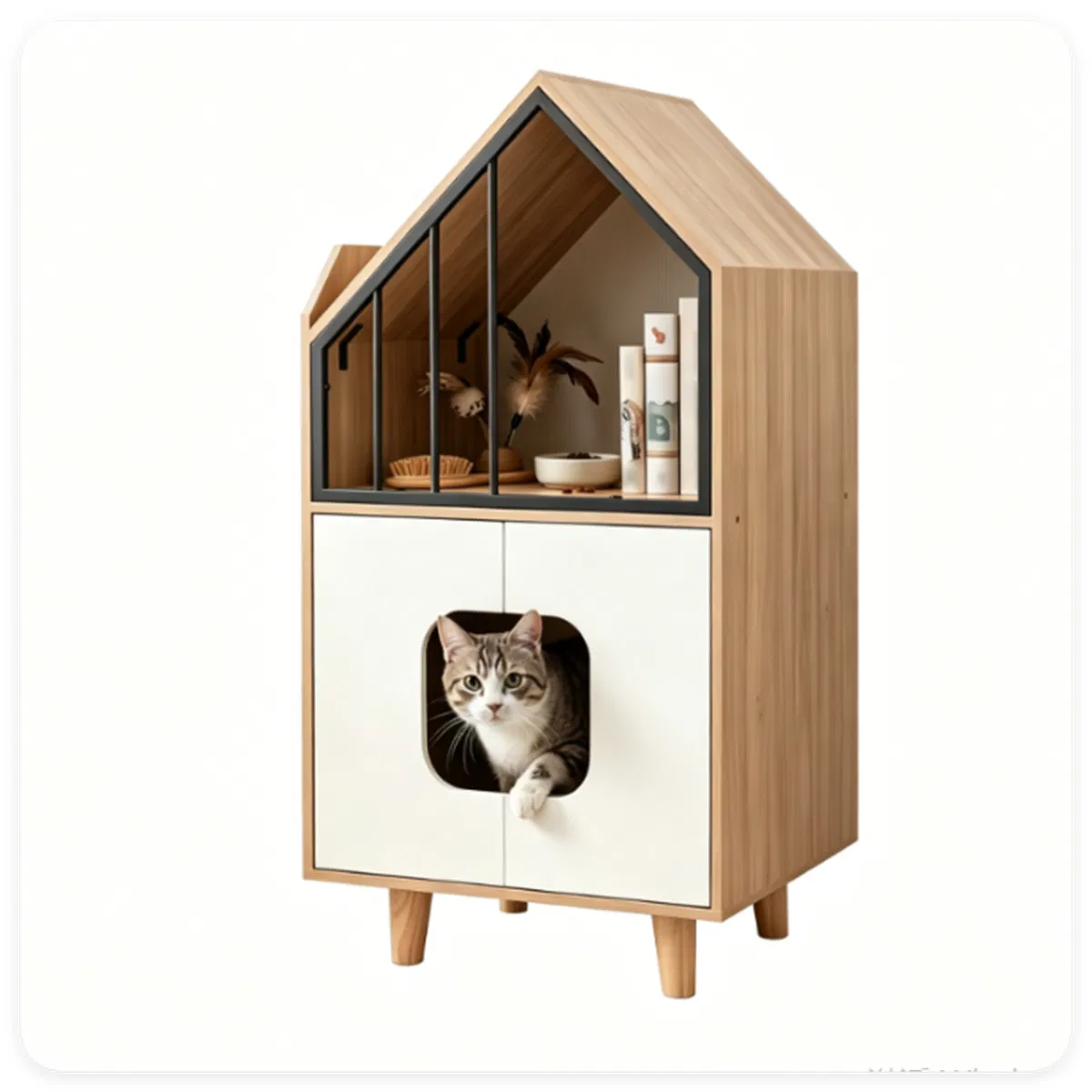 Natural & White Hidden Cat Litter Box Furniture, Elevated Cat Lounge Top Enclosed Cat…