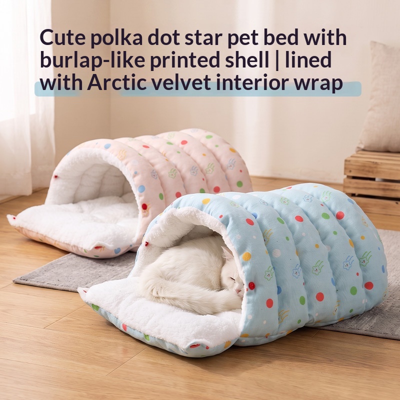 Polka-dot Warm Enclosed Cat Bed With Fleece Lining And Thick Padding Pet House
