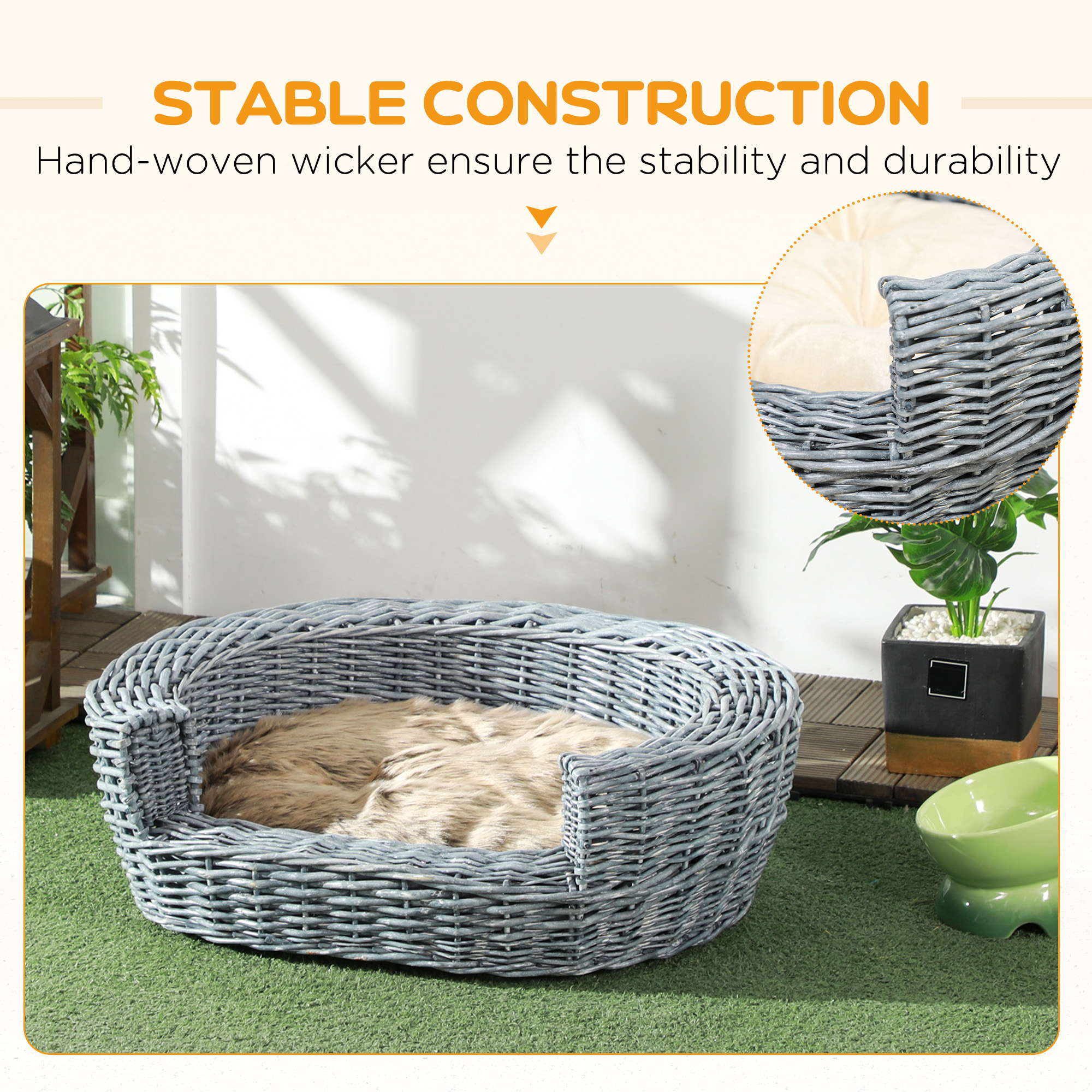 PawHut Wicker Pet Bed Willow Dog Cat Sofa Couch Puppy Basket With Cushion Grey 57L X 46W…