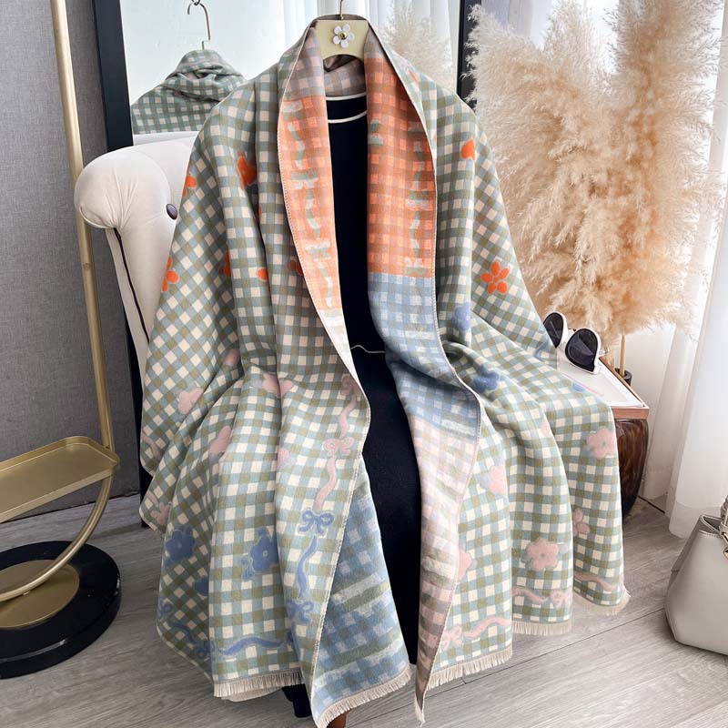 Women's Double-Sided Jacquard Bow-Knot AutumnWinter Floral ShawlScarf
