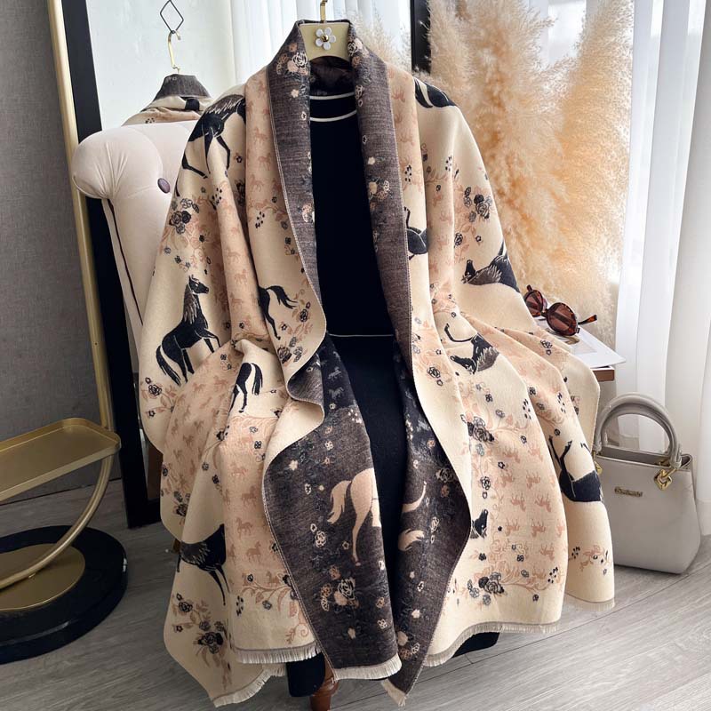 Vintage Floral And Galloping Horse Jacquard Tassel Scarf