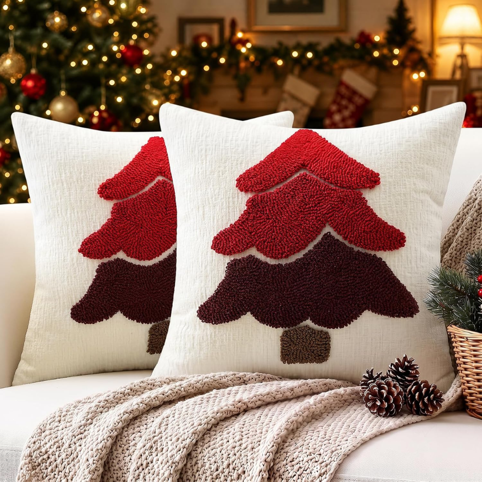 2-Pack Chenille Christmas Tree Pillow Covers 18x18, Red Holiday Decor
