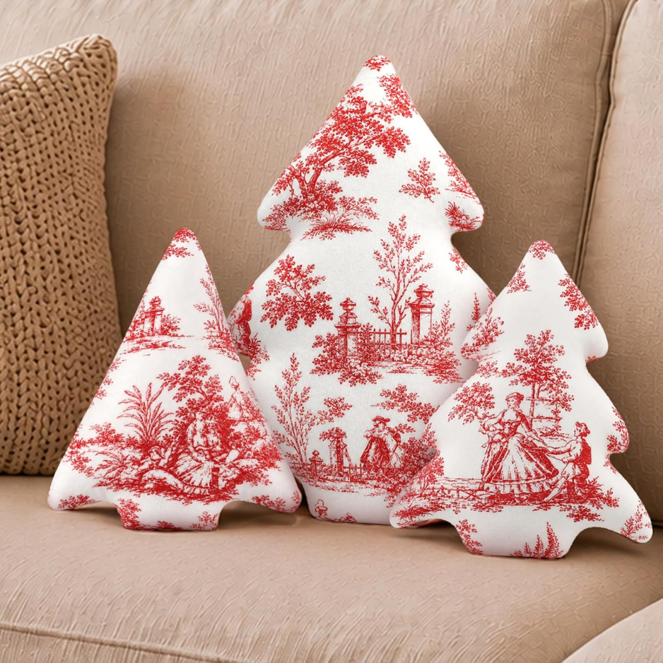 3-Pack Red Toile Christmas Tree Pillows Vintage Cushion Decor