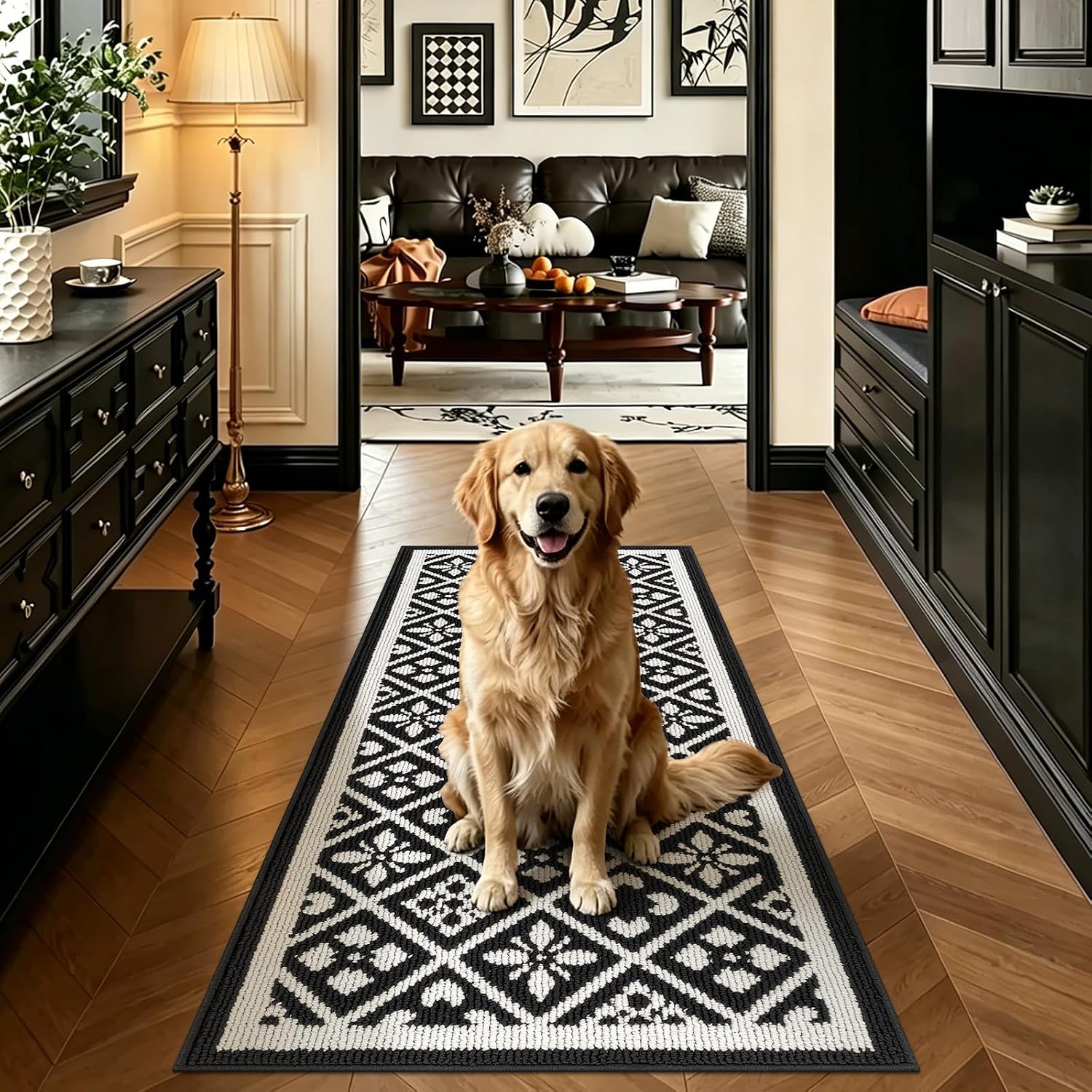 Black Laundry Room Runner Rug 2x6 Ft, Non Slip Washable Floor Mat With Rubber Backing For…