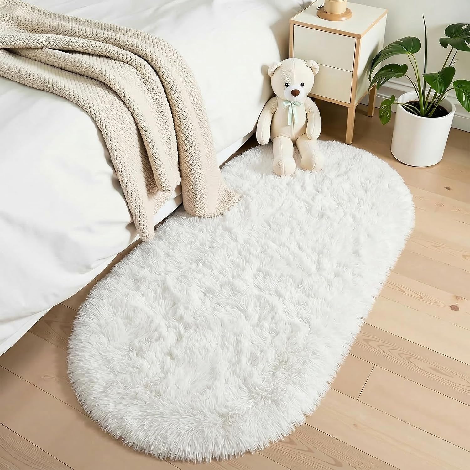 Ivory Fluffy Oval Rug 2.6x5.3 Ft, Soft Washable Area Rug For Bedroom, Living Room…