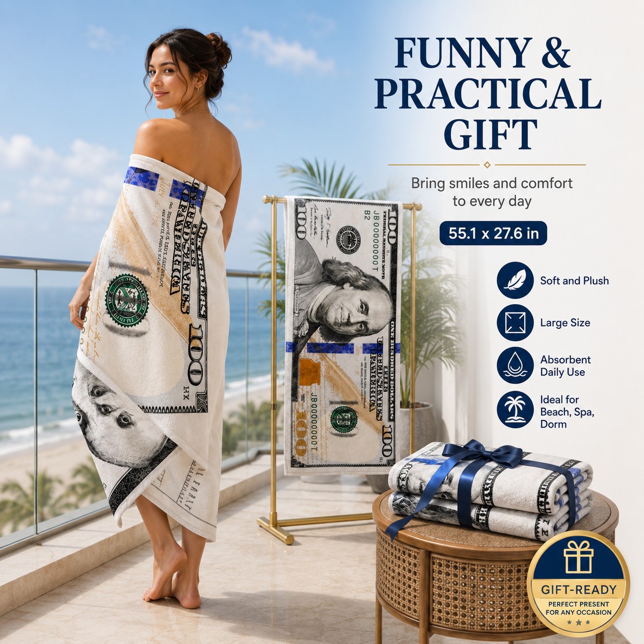 55x28in Cash Print Beach Towel Soft Velour Absorbent US Dollar Seaside Pool Towel