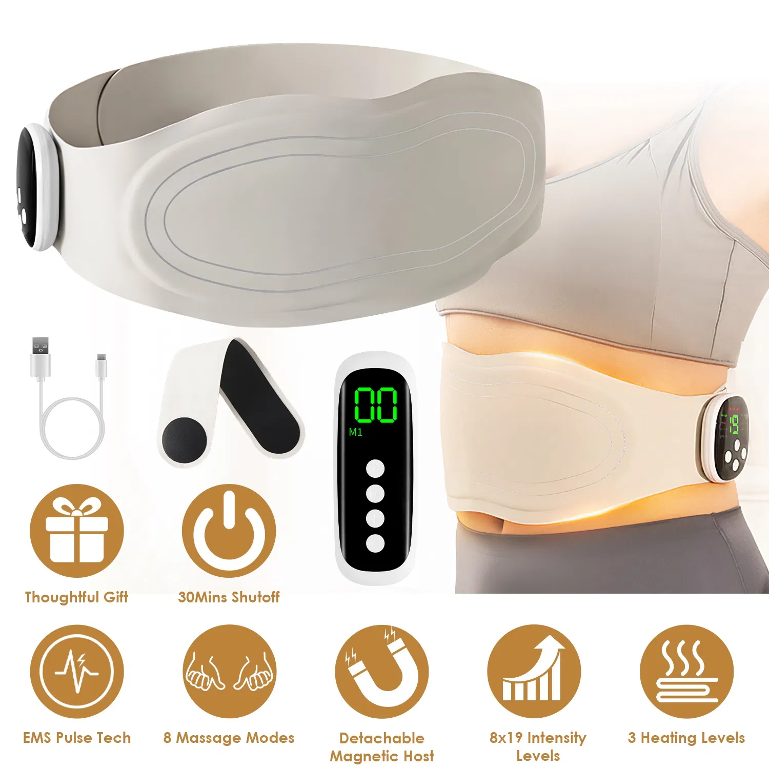 Portable Cordless EMS Heating Pad Massager 8 Customizable Modes,19 Intensity Levels,3…