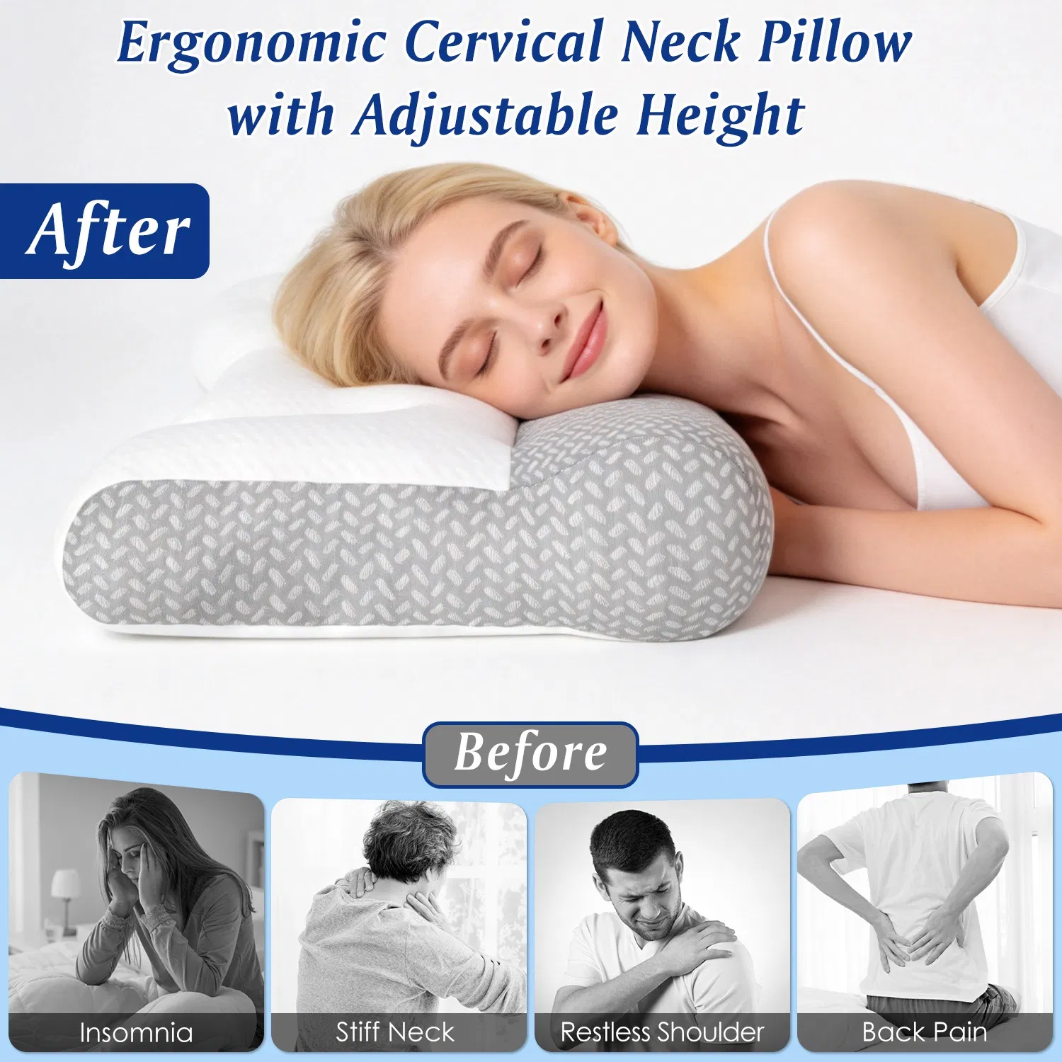 Contoured Dual-Height Bed Pillow with Ear Slot, Breathable Knit Mesh Cover…