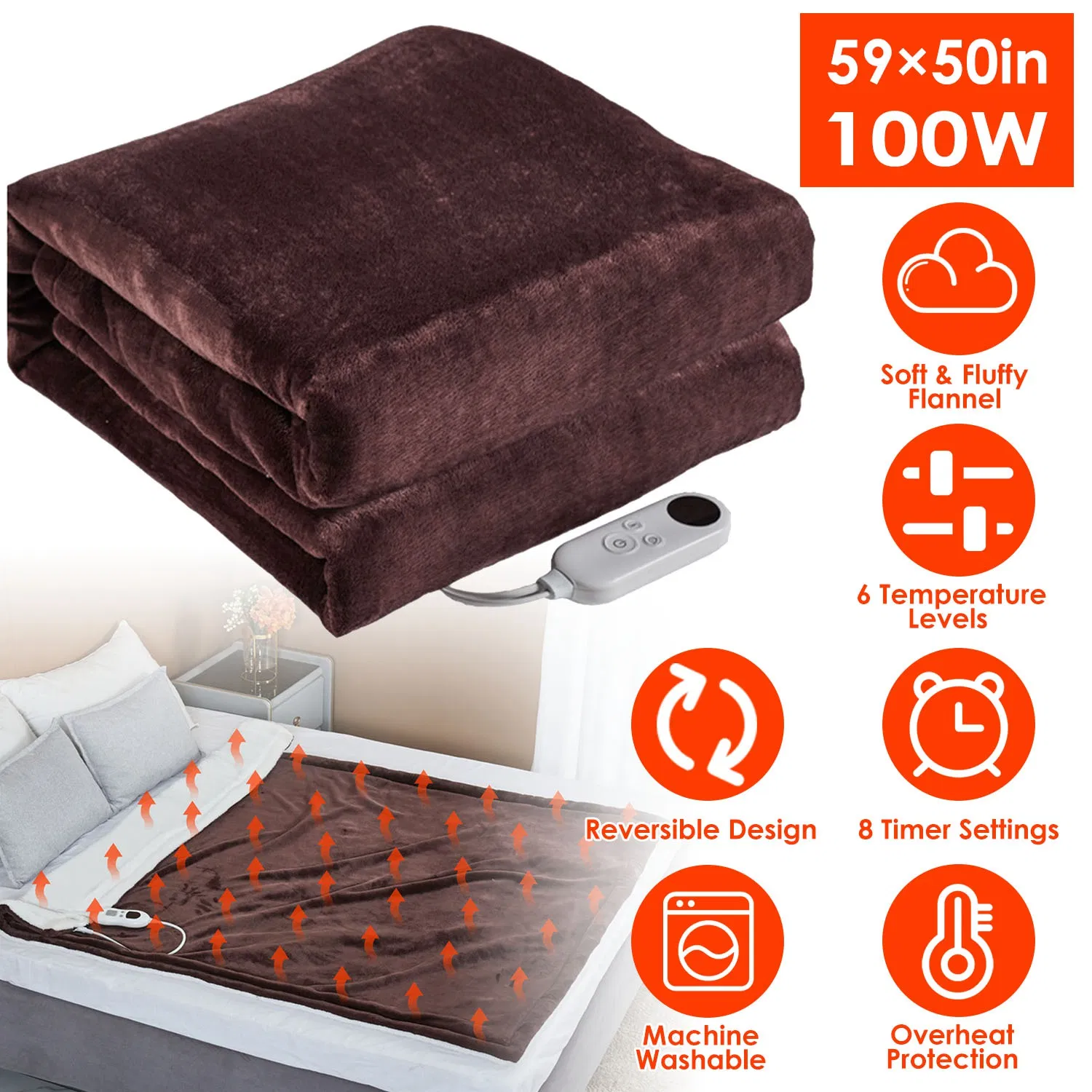 Electric Heated Flannel Throw Heated Blanket with 6 Heat Settings 1-8 Hours Auto off…