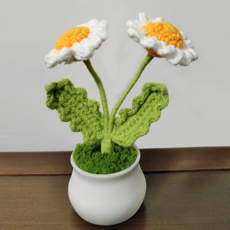 Finished Hand Knitted Sunflower Potted Plant Crochet Yarn Flower With Mini Pot Car…