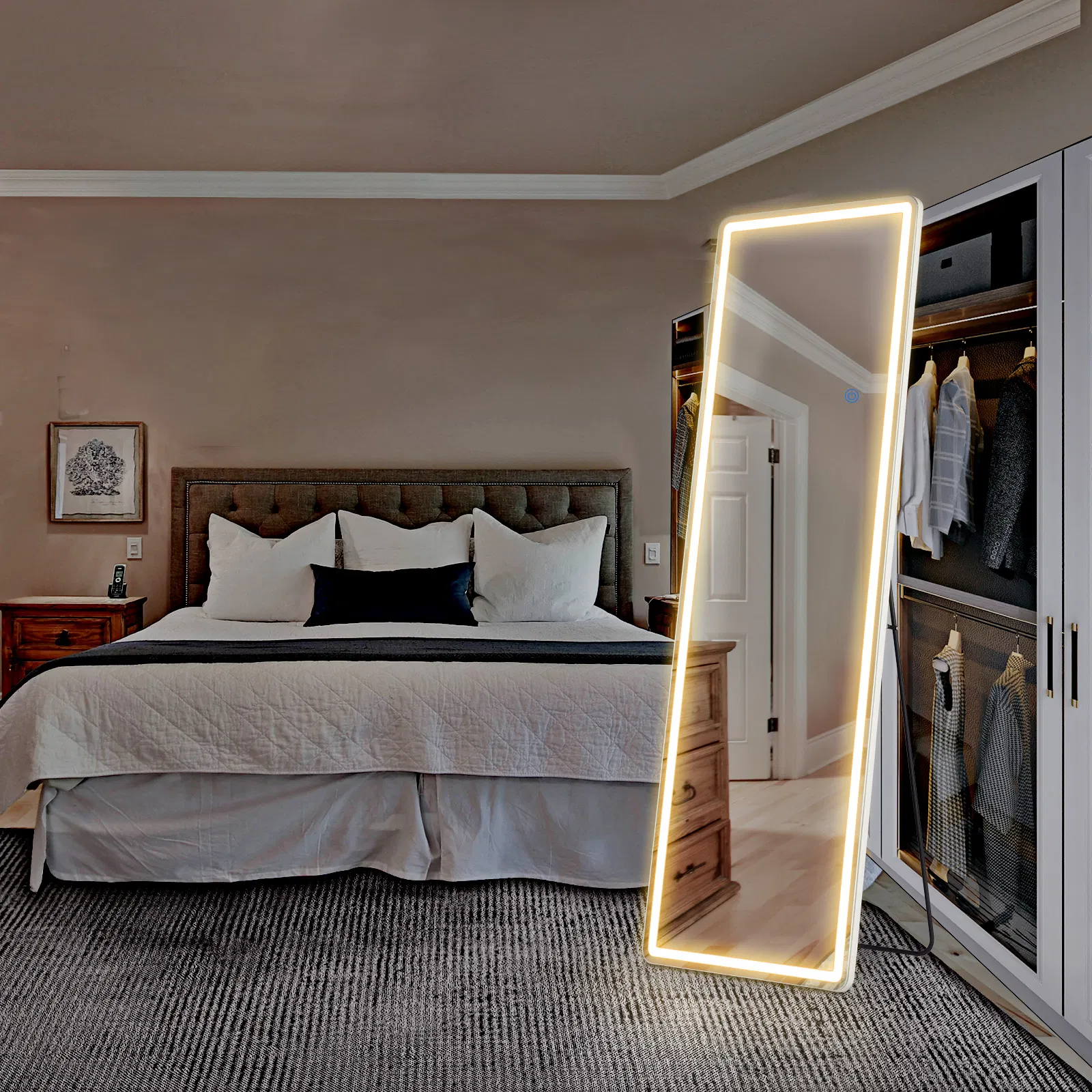 3 Color Lighting Mirror with LED Lights, 64"x21" Lighted Floor Standing Mirror with…