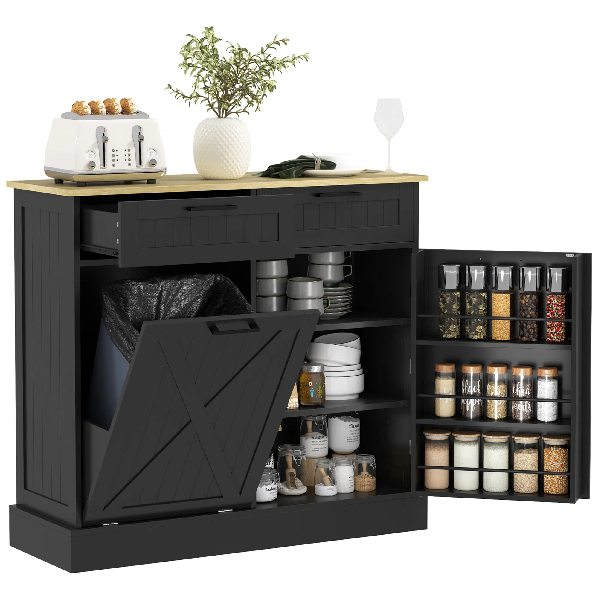 10 Gallon Hidden Garbage Bin Cabinet, Tilt Out Trash Cabinet w/ 2 Drawers, Freestanding…