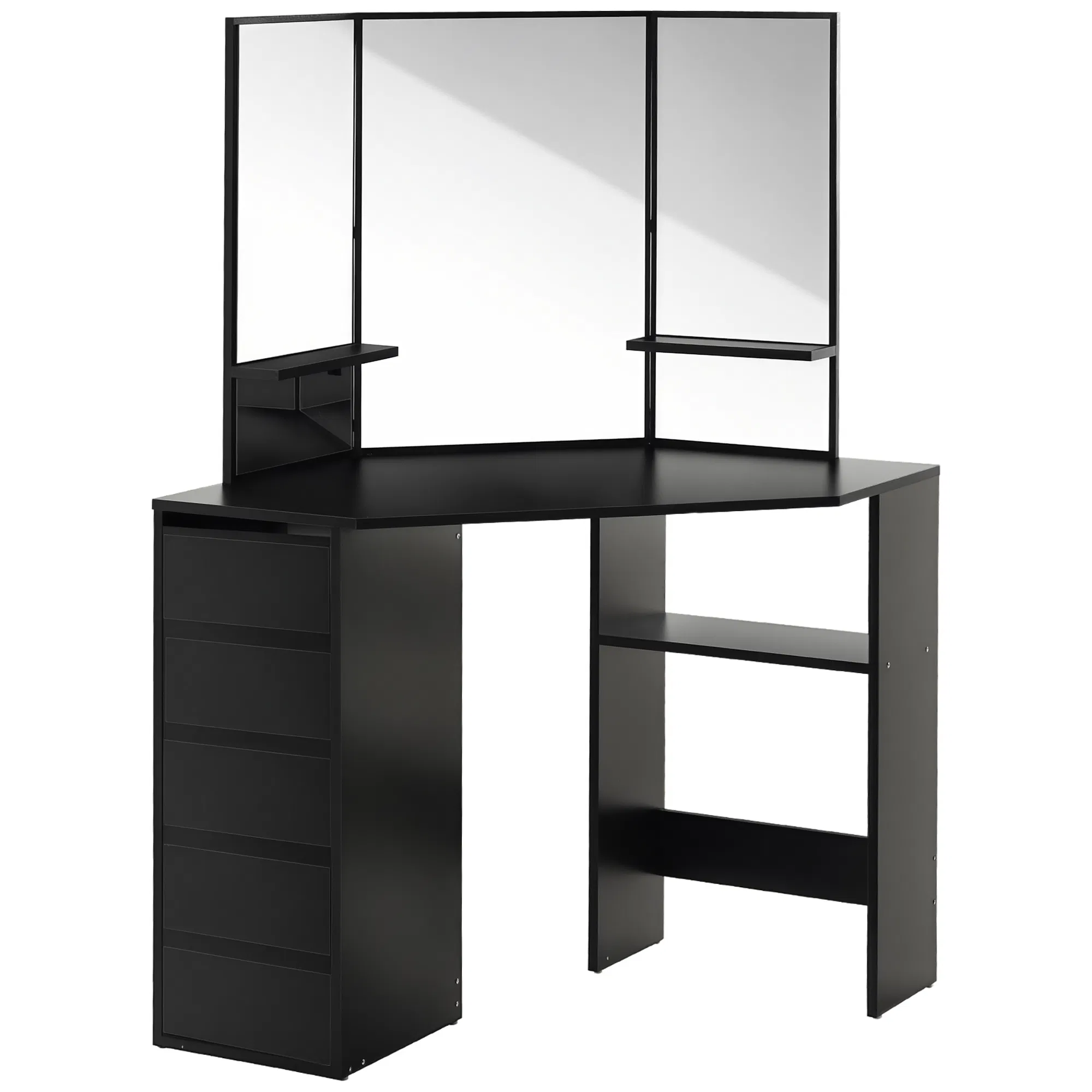 Corner Vanity Desk with Mirror, Makeup Vanity Table with 5 Drawers and Open Shelves…