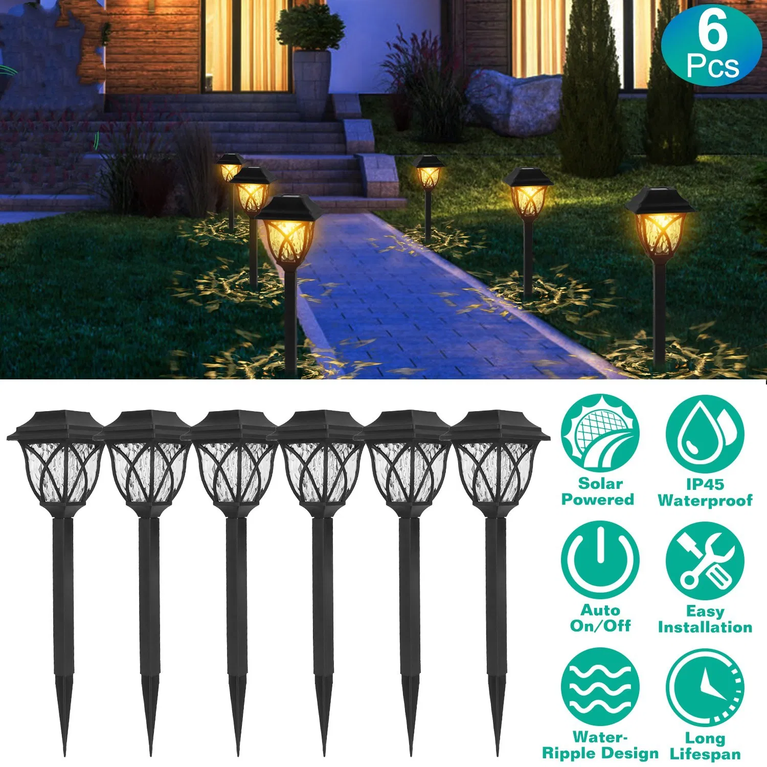 6Pack Solar Powered Stake Light Outdoor Decorative Landscape Lamp IP45 Waterproof Auto On…