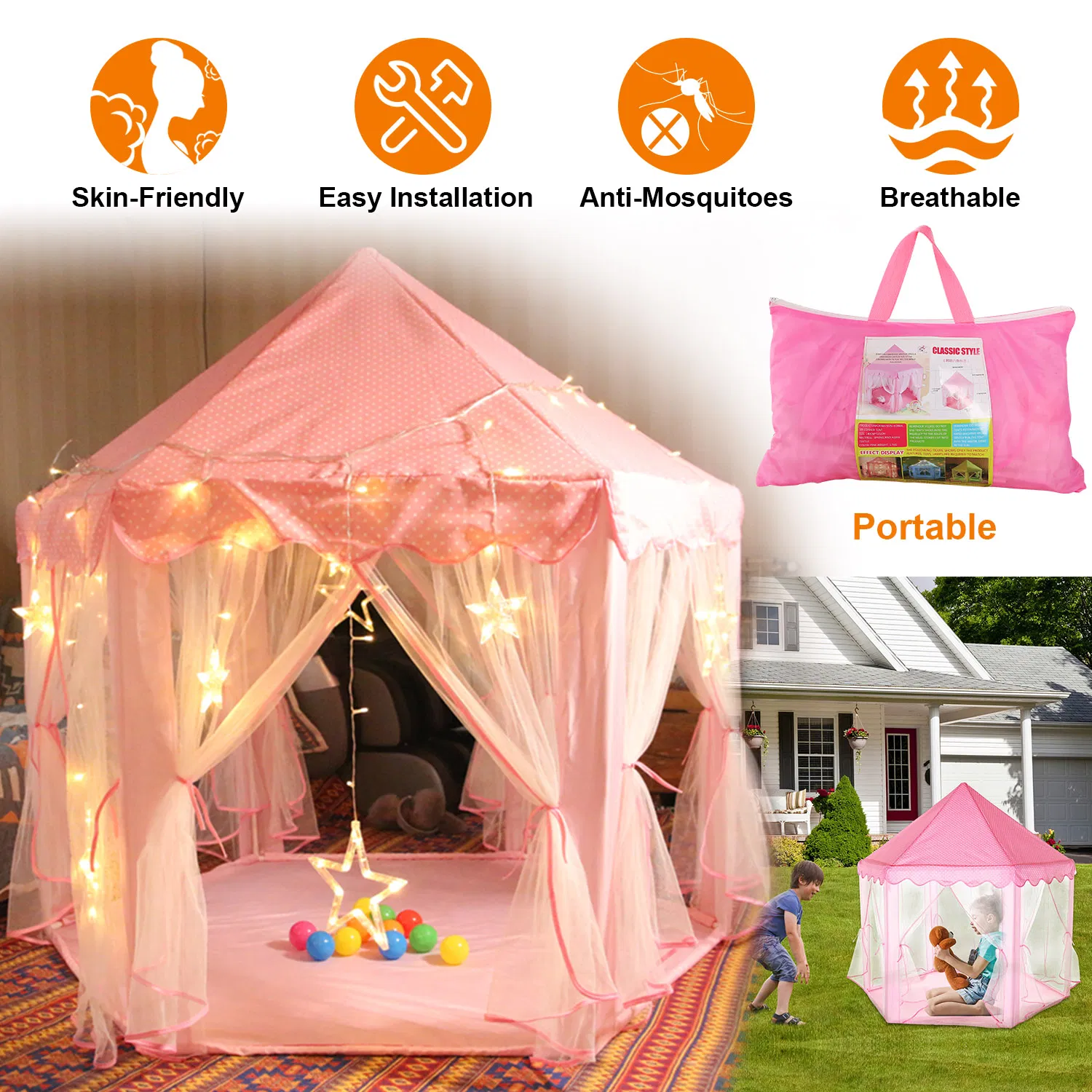 Princess Play Tent for Girls, Large Castle Playhouse with 6 Breathable Mesh Doors, Indoor…