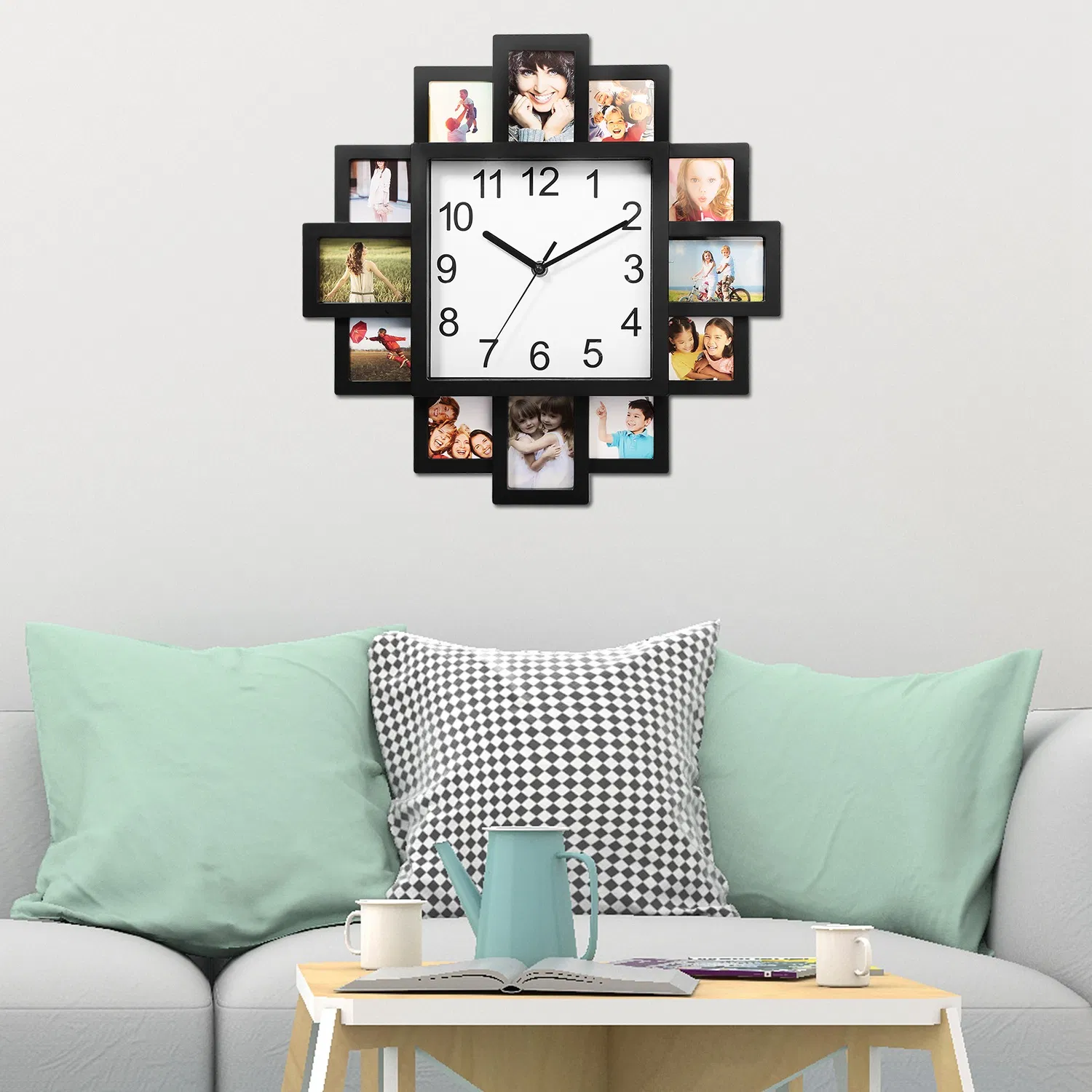 2-in-1 Wall Clock Photo Frame with Quartz Movement, 12 Photo Openings High Transparent…