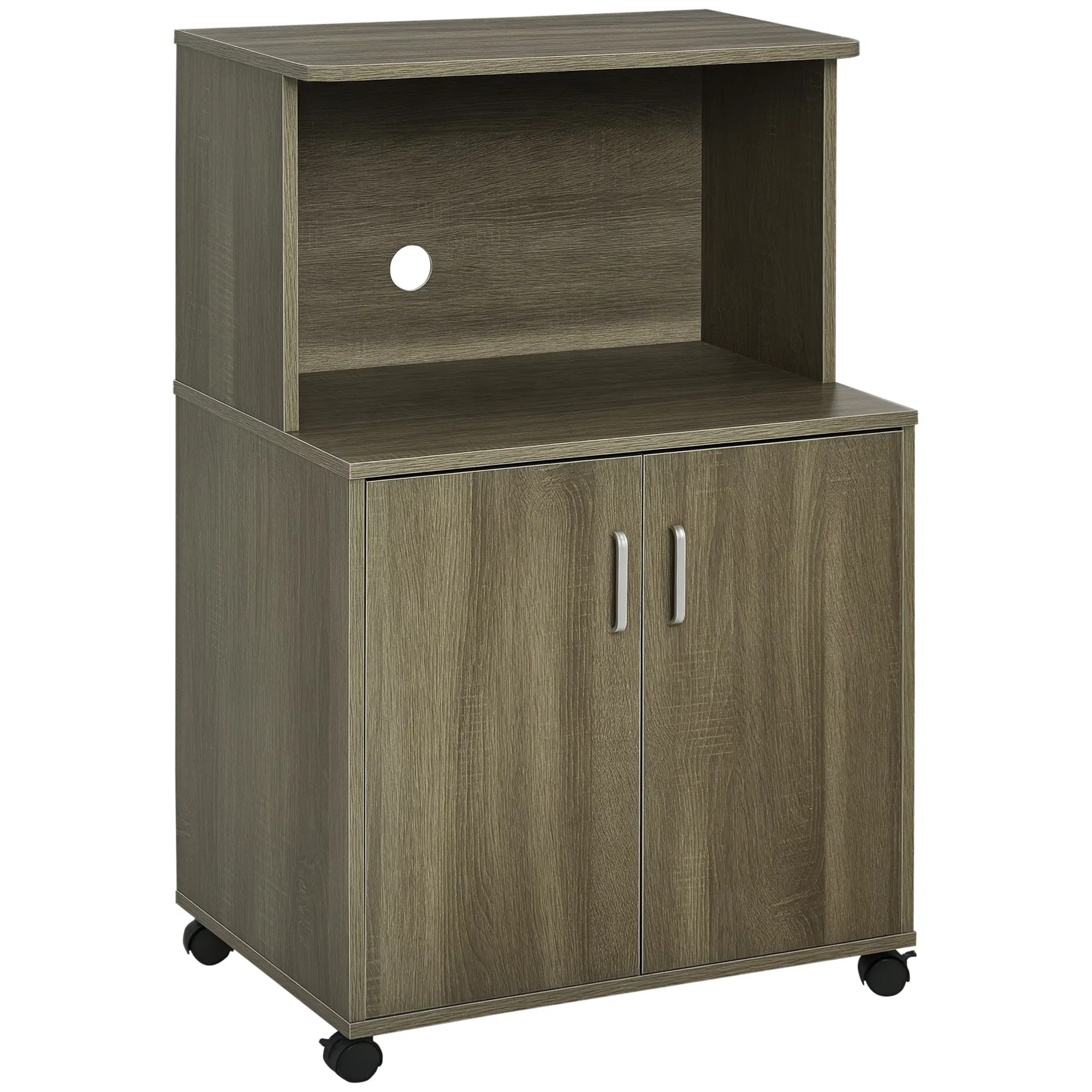 Microwave Cart on Wheels Utility Trolley Storage Sideboard Bookcase with 2-door Cabinet, Grey Wood Grain